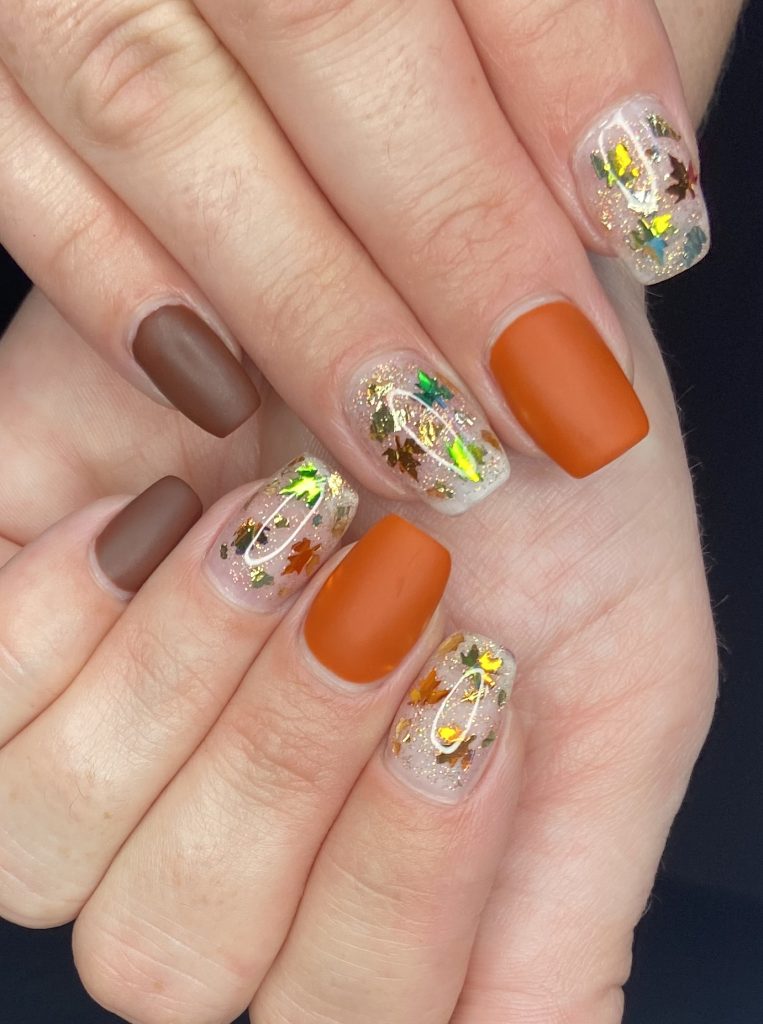 Autumn Leaves and Glitter Nail Design