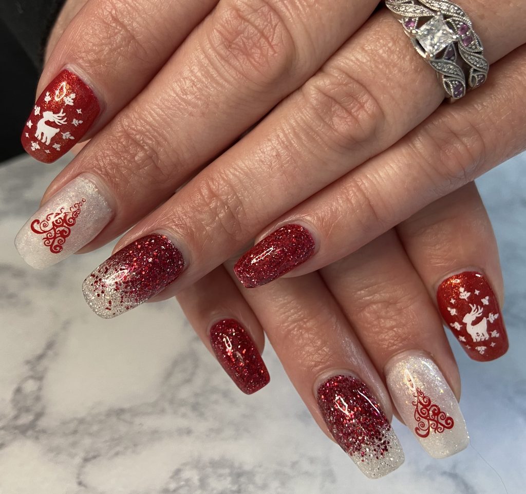 Red and White Glitter Christmas Nails Design
