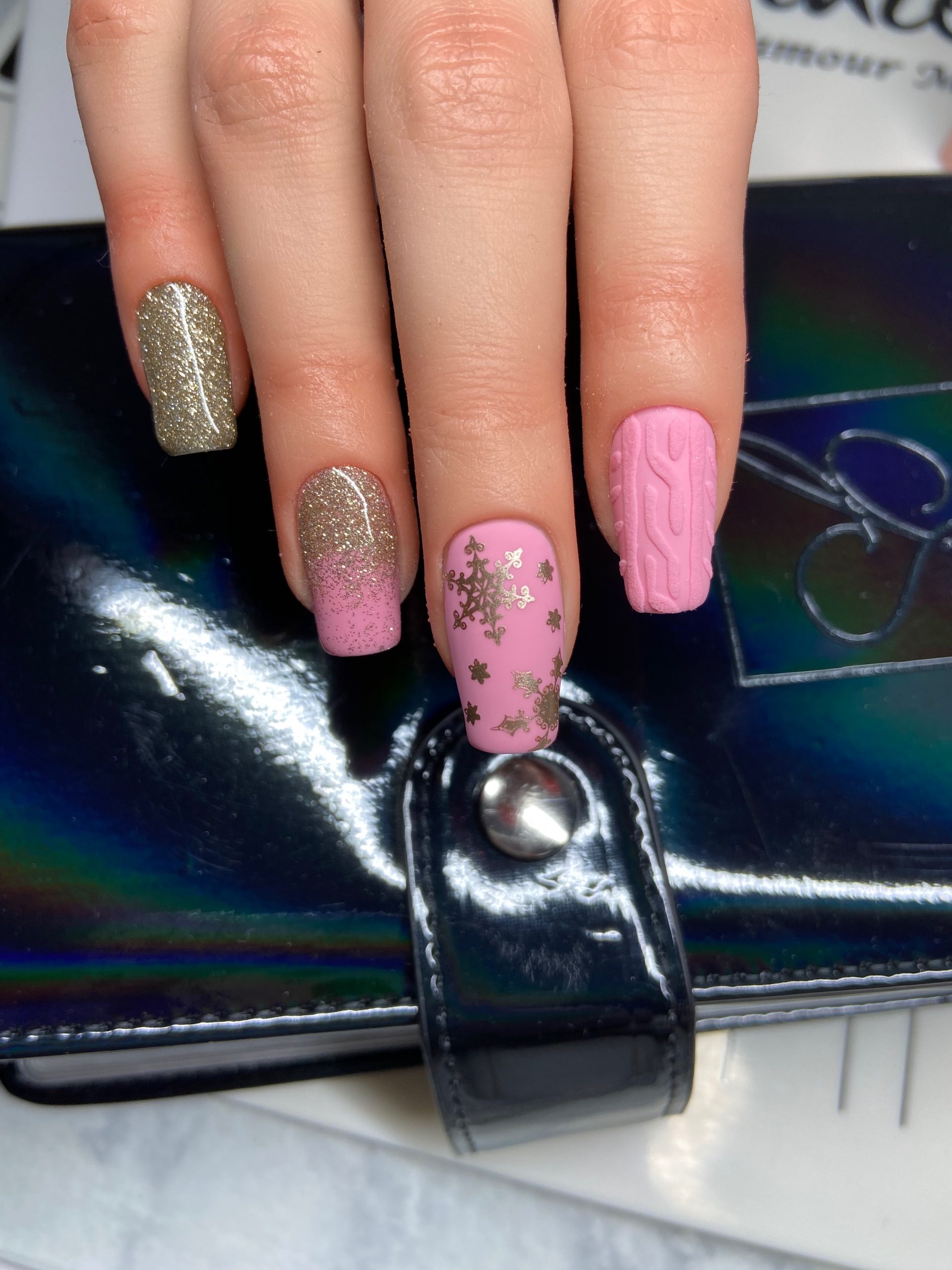 Pink and Gold Winter Nail Design